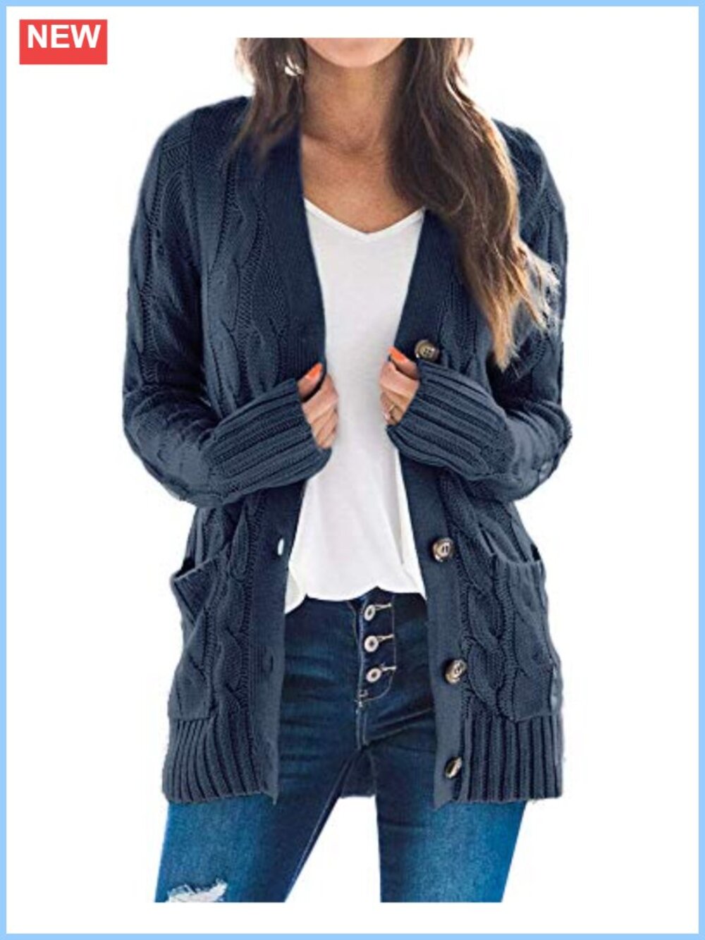 Cable Knit Cardigan Long Sleeve Open Front Button Down Knitwear Sweater Coat